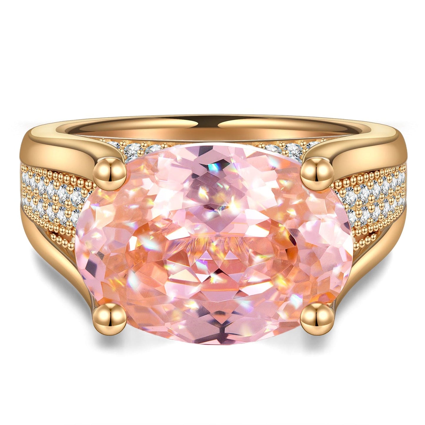 14*10mm Oval Modified Brilliant Cut Padparadscha Sunset Glow Ice-Frosted Sparkle Lab Zircon - Pave Classic Engagement Ring 14K Yellow Gold Plated