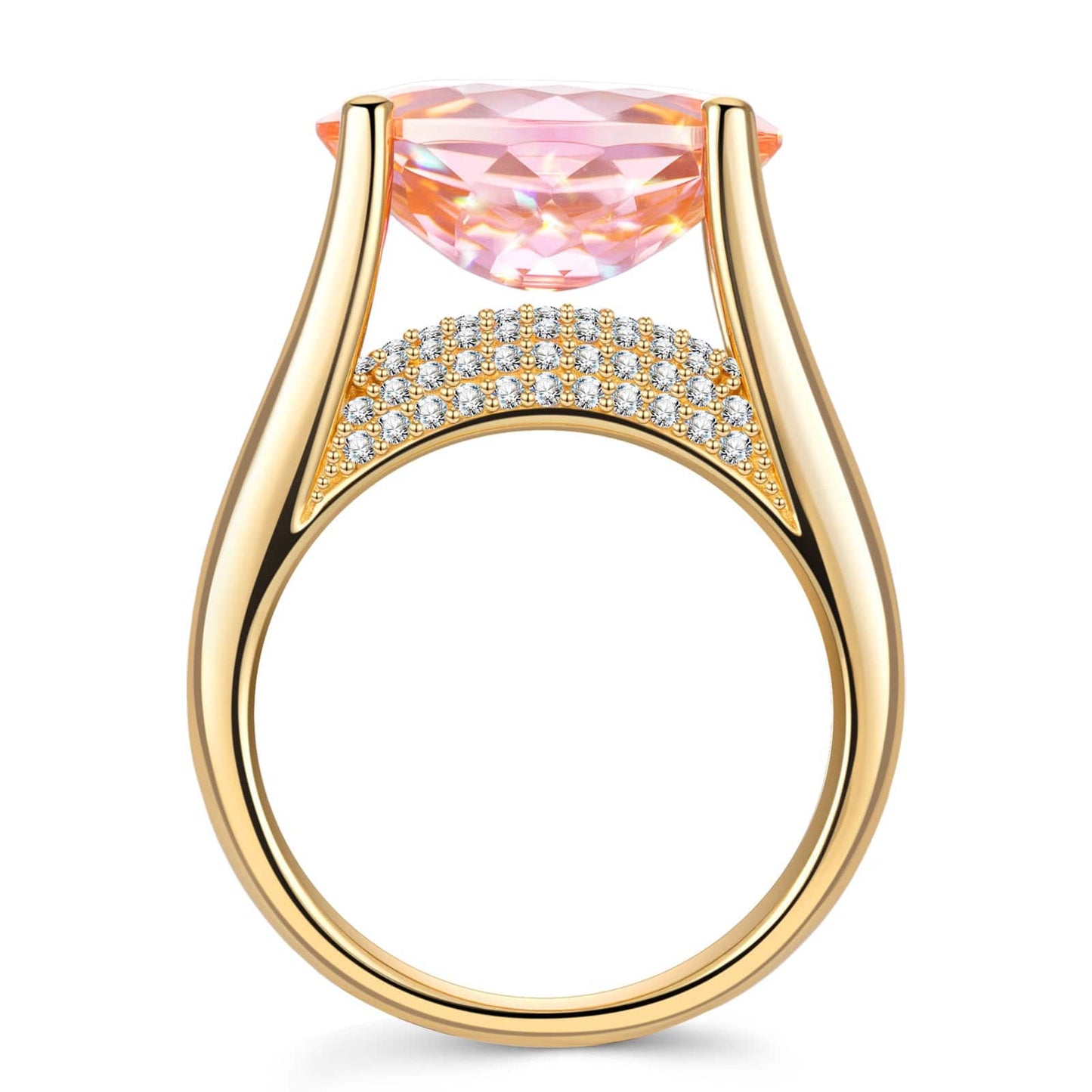 14*10mm Oval Modified Brilliant Cut Padparadscha Sunset Glow Ice-Frosted Sparkle Lab Zircon - Pave Classic Engagement Ring 14K Yellow Gold Plated