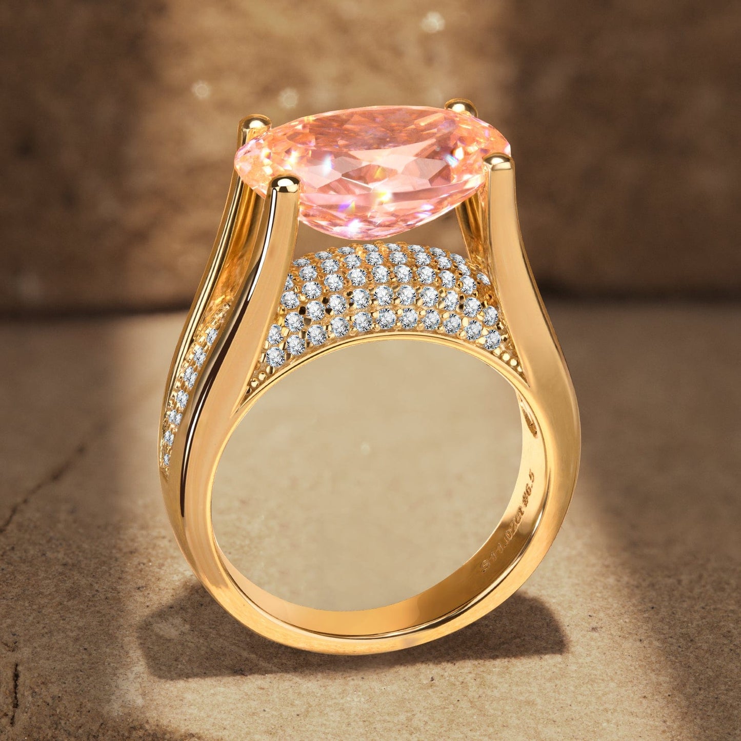 14*10mm Oval Modified Brilliant Cut Padparadscha Sunset Glow Ice-Frosted Sparkle Lab Zircon - Pave Classic Engagement Ring 14K Yellow Gold Plated