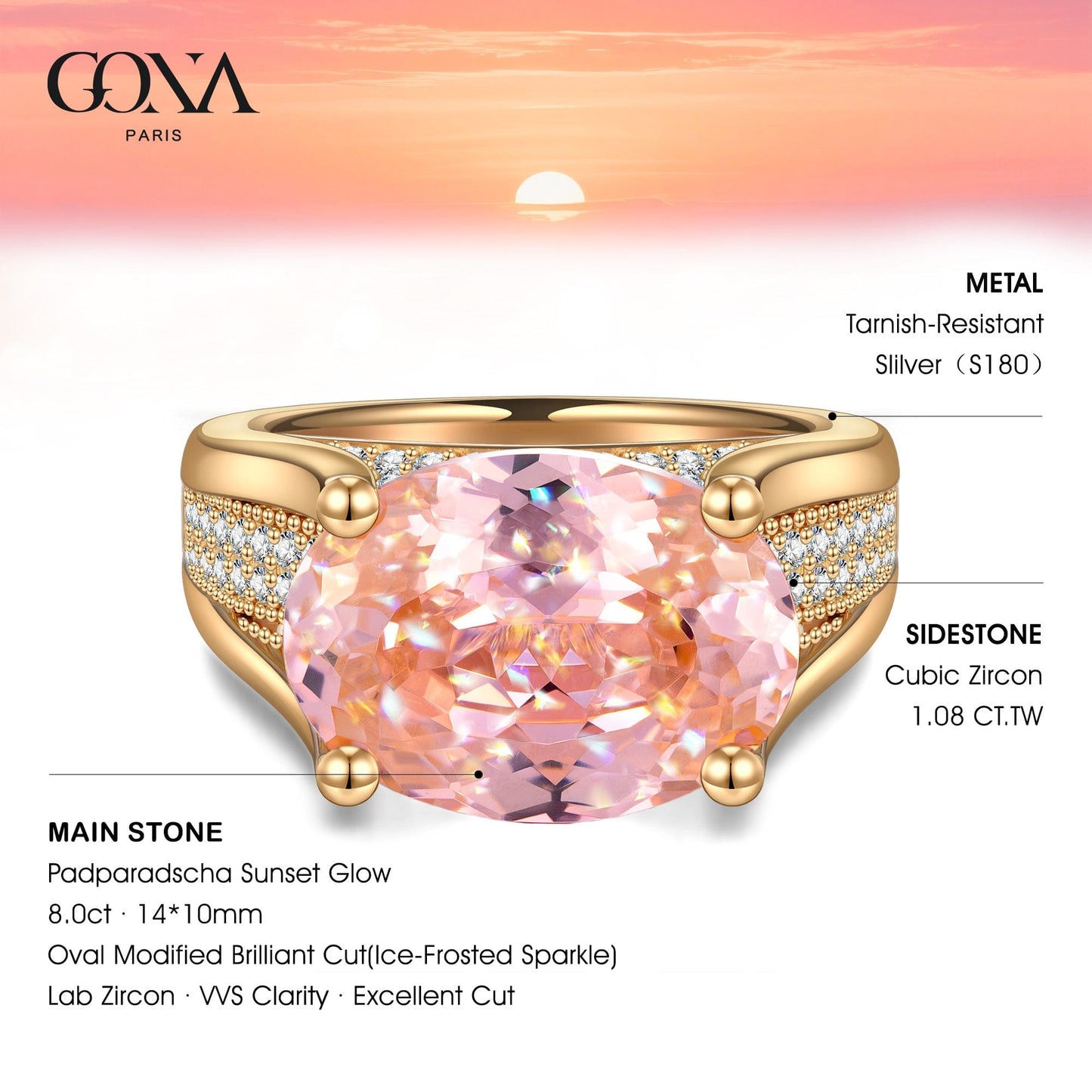 14*10mm Oval Modified Brilliant Cut Padparadscha Sunset Glow Ice-Frosted Sparkle Lab Zircon - Pave Classic Engagement Ring 14K Yellow Gold Plated