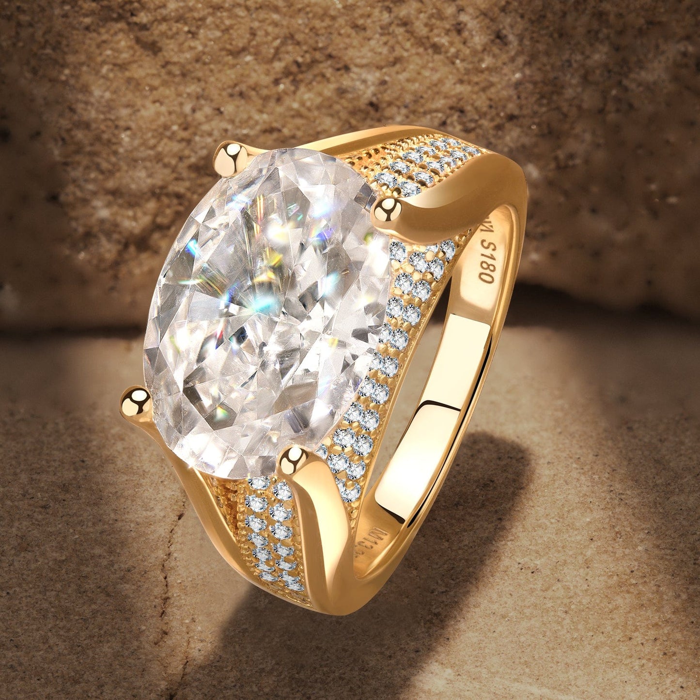 14*10mm Oval Modified Brilliant Cut Ice-Frosted Sparkle Lab Zircon - Pave Classic Engagement Ring 14K Yellow Gold Plated