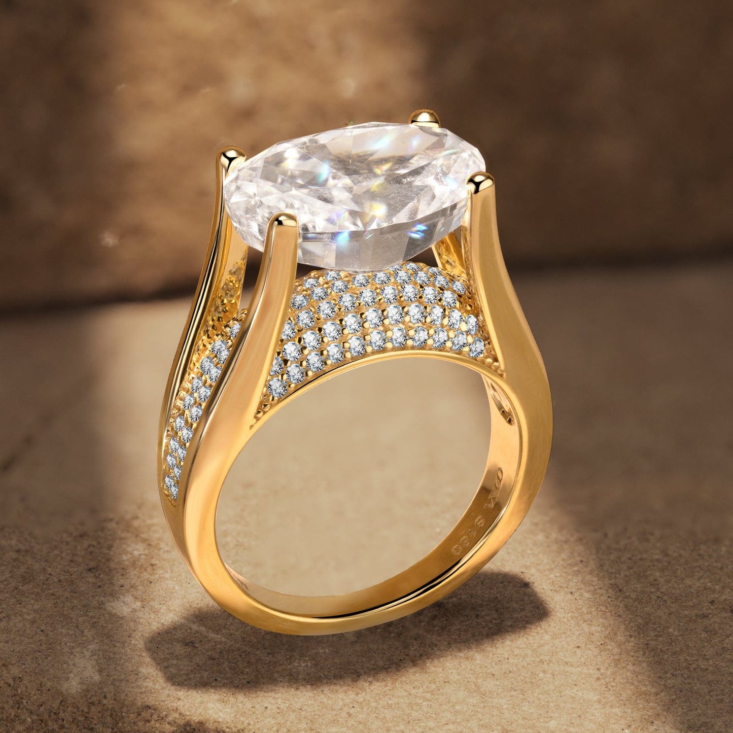 14*10mm Oval Modified Brilliant Cut Ice-Frosted Sparkle Lab Zircon - Pave Classic Engagement Ring 14K Yellow Gold Plated