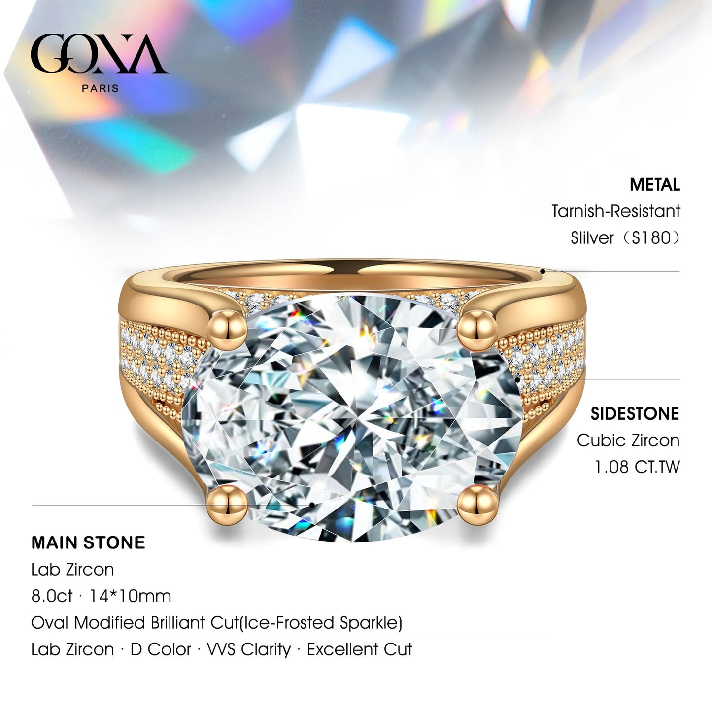 14*10mm Oval Modified Brilliant Cut Ice-Frosted Sparkle Lab Zircon - Pave Classic Engagement Ring 14K Yellow Gold Plated