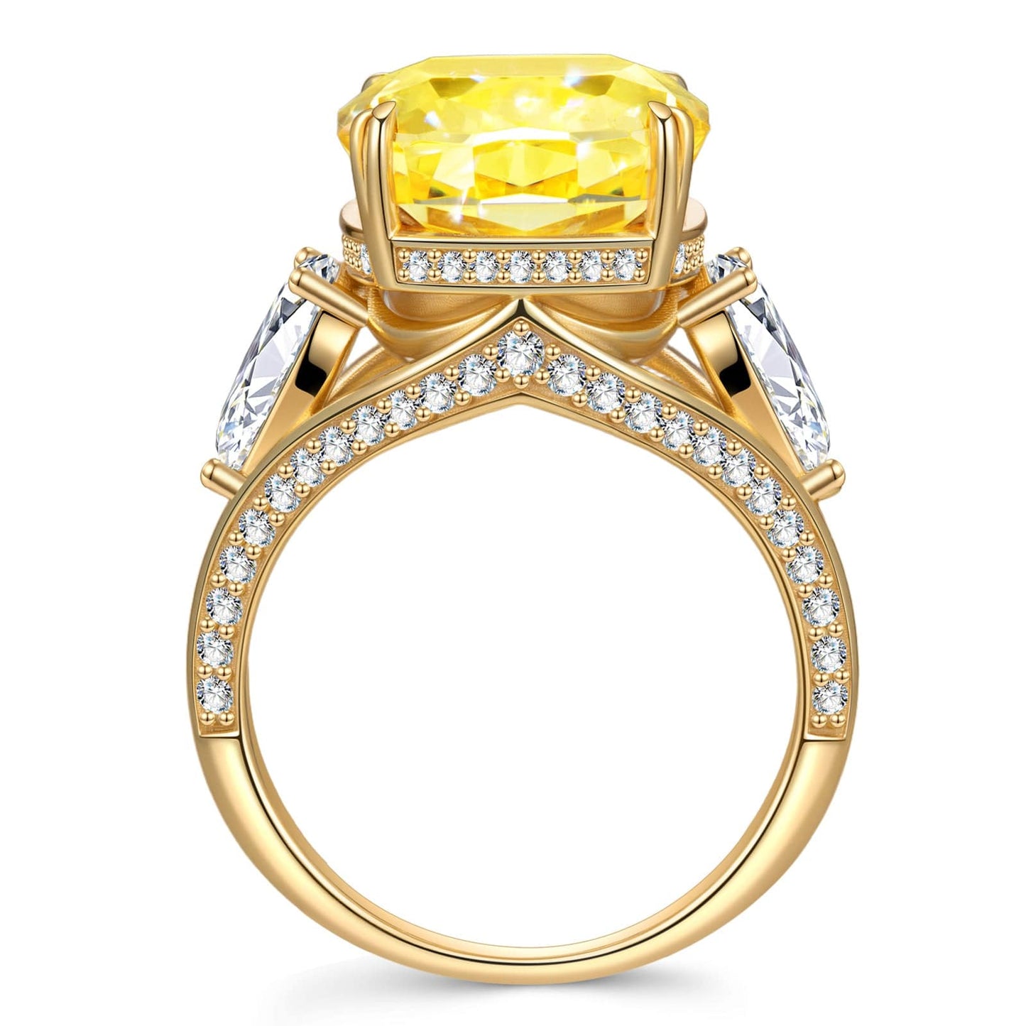 16*12mm Cushion Modified Brilliant Cut Fancy Vivid Yellow Ice-Frosted Sparkle Lab Zircon - Pave Classic Engagement Ring 14K Yellow Gold Plated