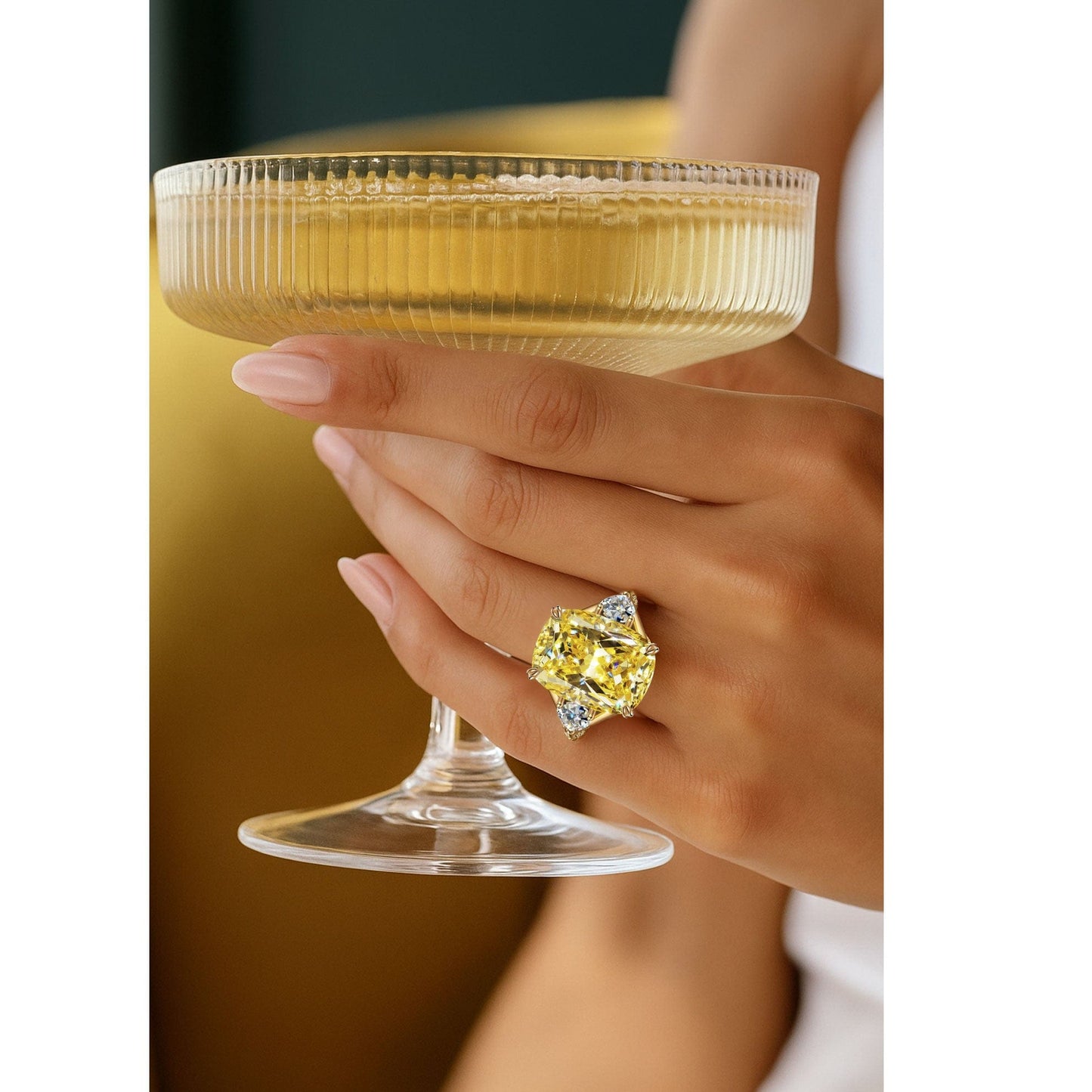 16*12mm Cushion Modified Brilliant Cut Fancy Vivid Yellow Ice-Frosted Sparkle Lab Zircon - Pave Classic Engagement Ring 14K Yellow Gold Plated