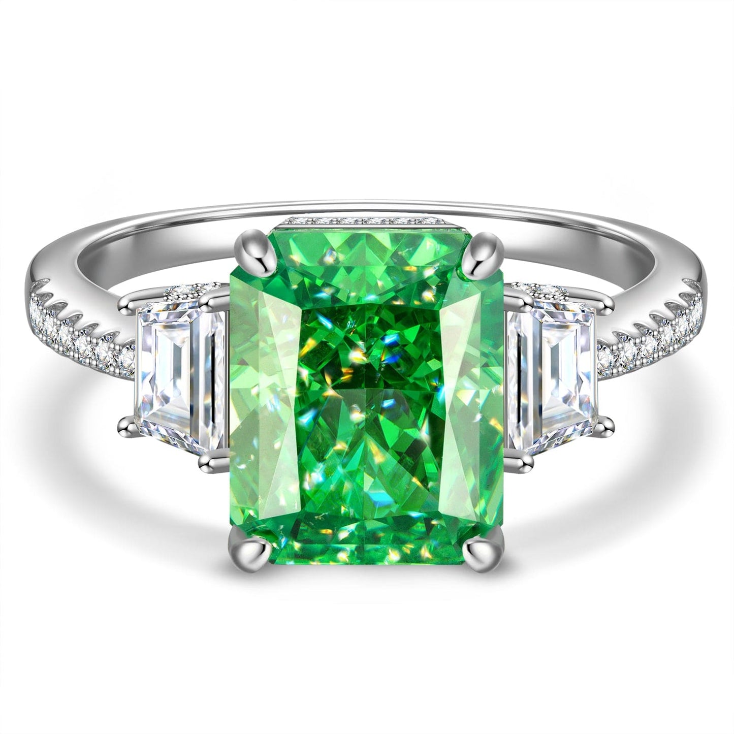 8*10mm Radiant Modified Brilliant Cut Vivid Colombian Green Ice-Frosted Sparkle Lab Zircon - Three Stone Classic Engagement Ring White Gold Plated