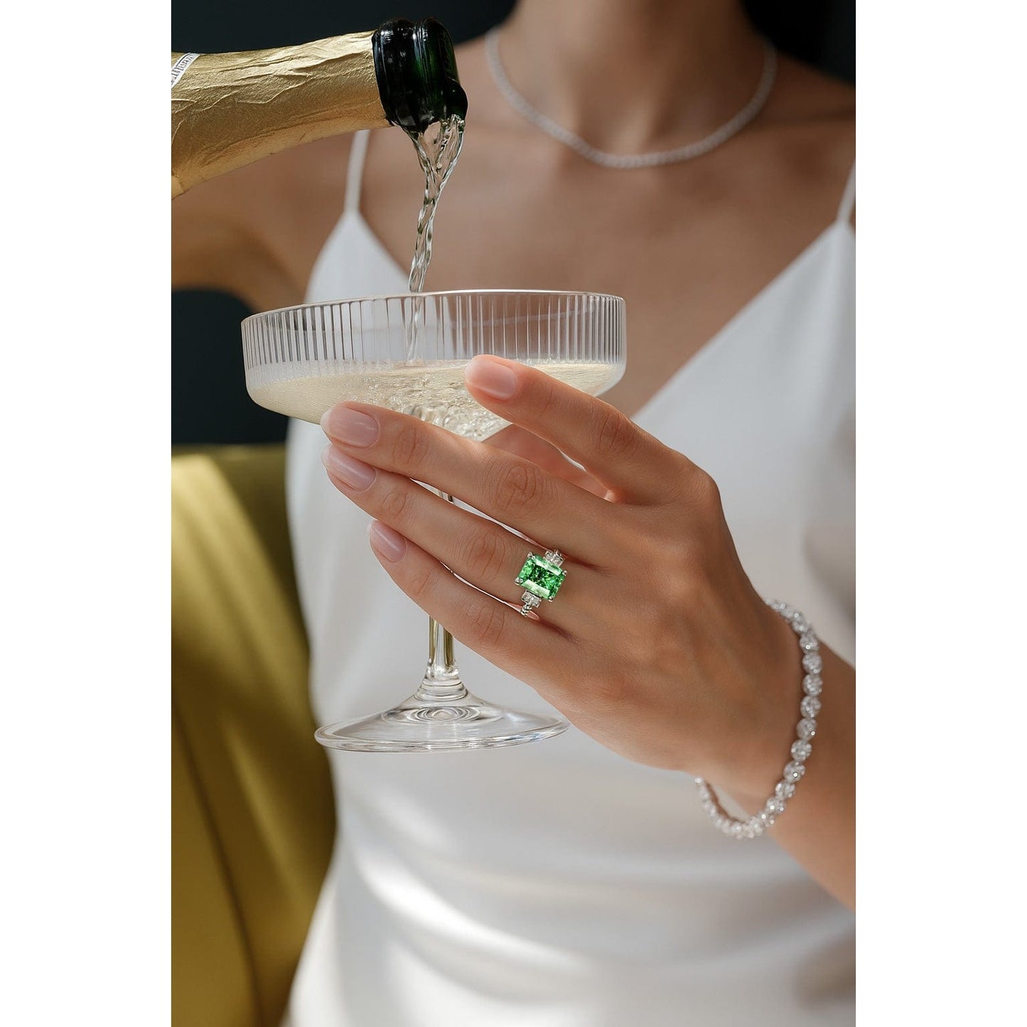 8*10mm Radiant Modified Brilliant Cut Vivid Colombian Green Ice-Frosted Sparkle Lab Zircon - Three Stone Classic Engagement Ring White Gold Plated