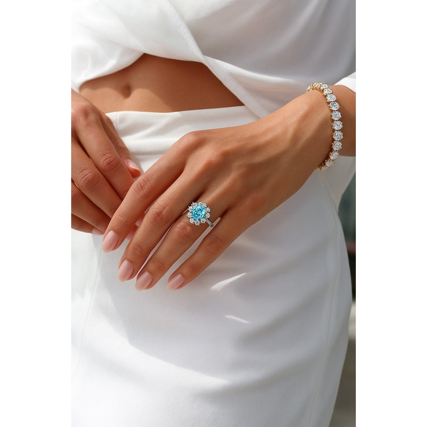 7*9mm Oval Modified Brilliant Cut Fancy Vivid Blue Ice-Frosted Sparkle Lab Zircon - Halo Classic Engagement Ring White Gold Plated