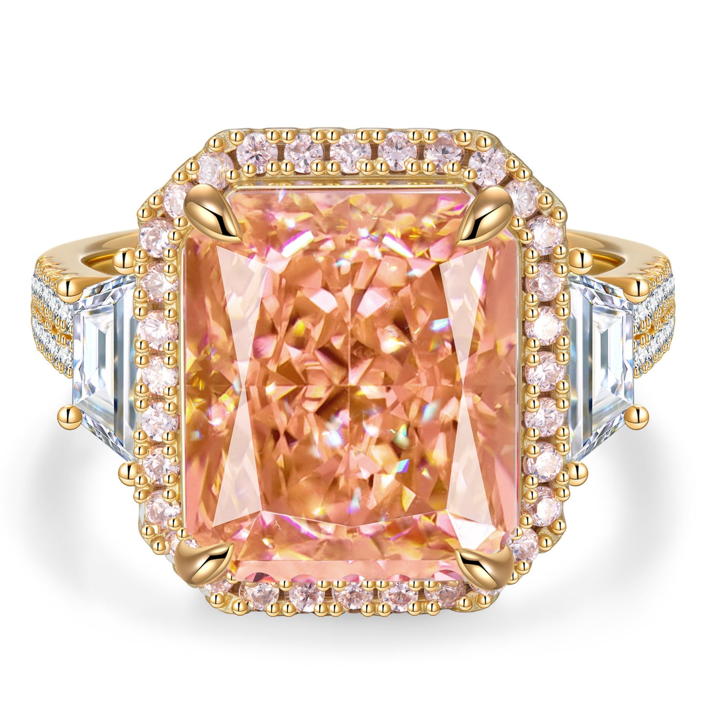 12*10mm Radiant Modified Brilliant Cut Padparadscha Sunset Glow Ice-Frosted Sparkle Lab Zircon - Pave Classic Engagement Ring 14K Yellow Gold Plated