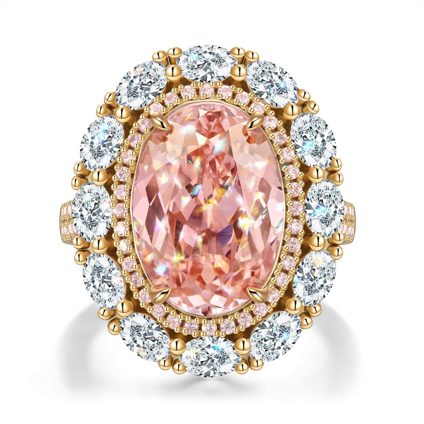 14*10mm Oval Modified Brilliant Cut Padparadscha Sunset Glow Ice-Frosted Sparkle Lab Zircon - Halo Classic Engagement Ring 14K Yellow Gold Plated