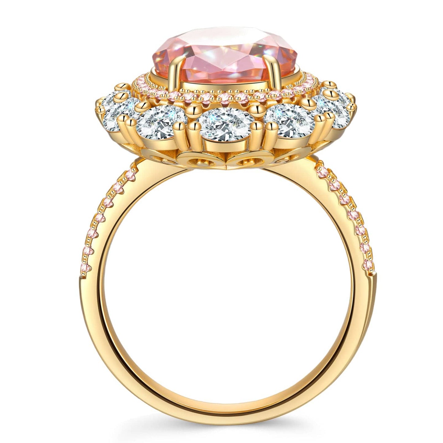 14*10mm Oval Modified Brilliant Cut Padparadscha Sunset Glow Ice-Frosted Sparkle Lab Zircon - Halo Classic Engagement Ring 14K Yellow Gold Plated