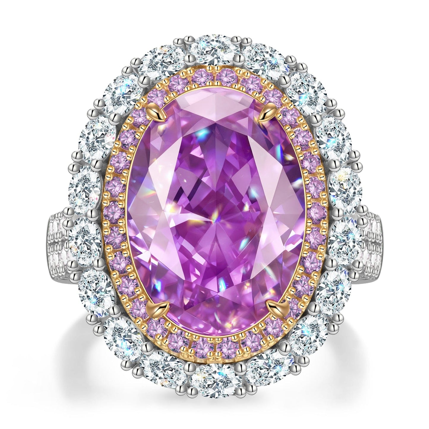 14*10mm Oval Modified Brilliant Cut Fancy Vivid Violet Hue Ice-Frosted Sparkle Lab Zircon - Halo Classic Engagement Ring Two-Tone Plating