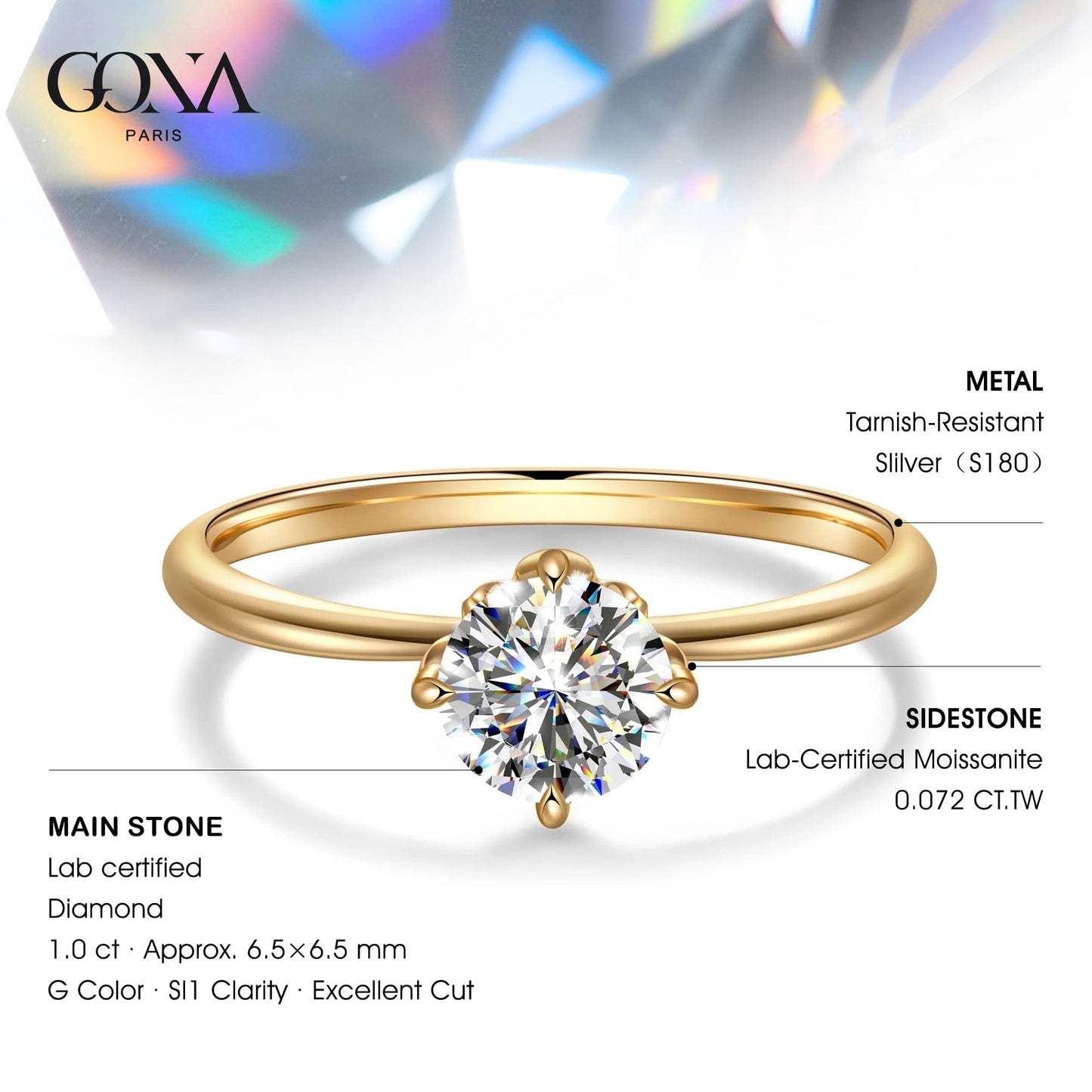 IGI Certified Lab-Grown Round Brilliant Cut Diamond - Hidden Halo Classic Engagement Ring 14K Yellow Gold Plated (Includes IGI Certification from International Gemological Institute)