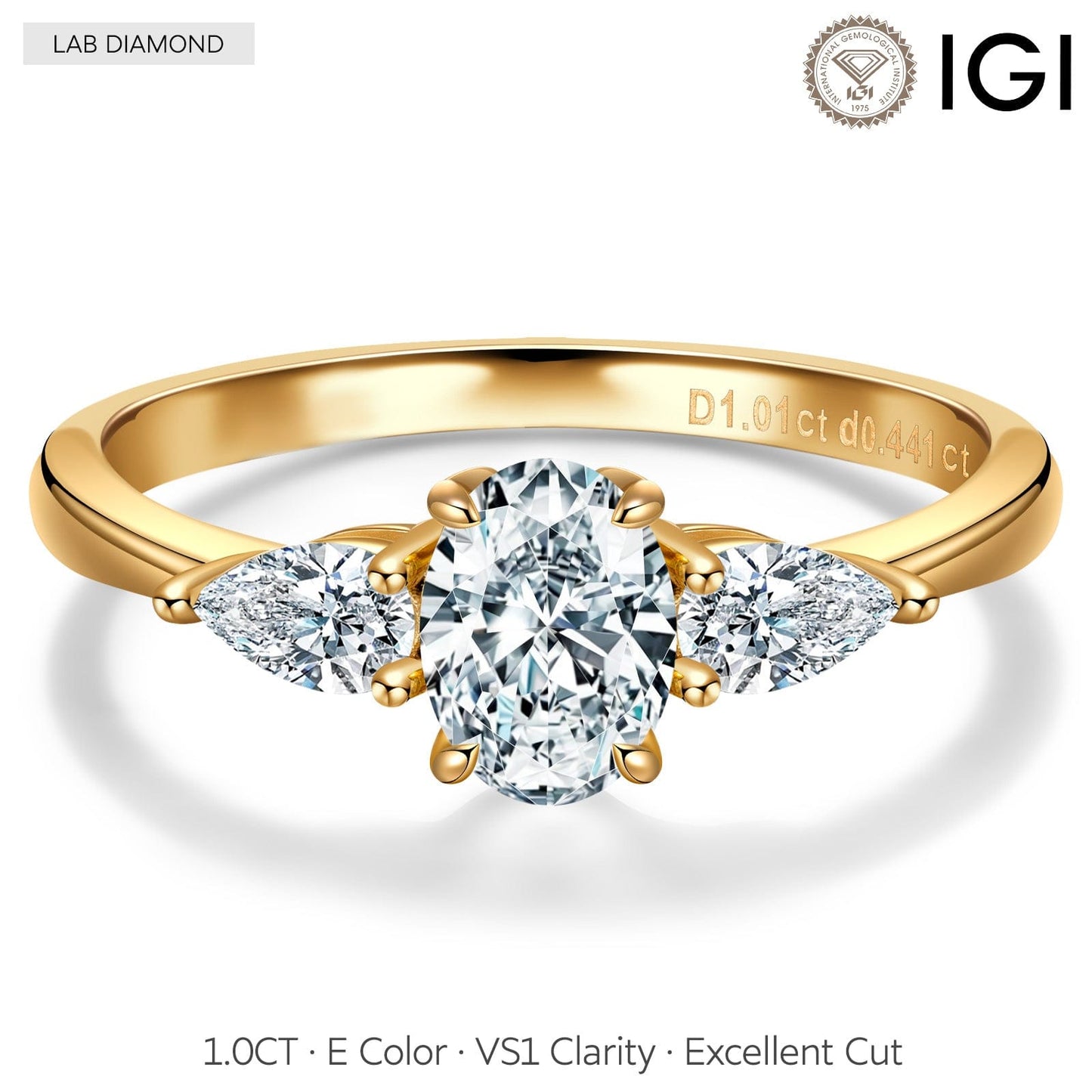 IGI Certified Lab-Grown Oval Brilliant Cut Diamond - Three Stone Classic Engagement Ring 14K Yellow Gold Plated (Includes IGI Certification from International Gemological Institute)