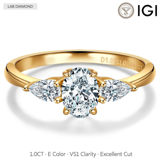 gona- IGI Certified Lab-Grown Oval Brilliant Cut Diamond - Three Stone Classic Engagement Ring 14K Yellow Gold Plated (Includes IGI Certification from International Gemological Institute)