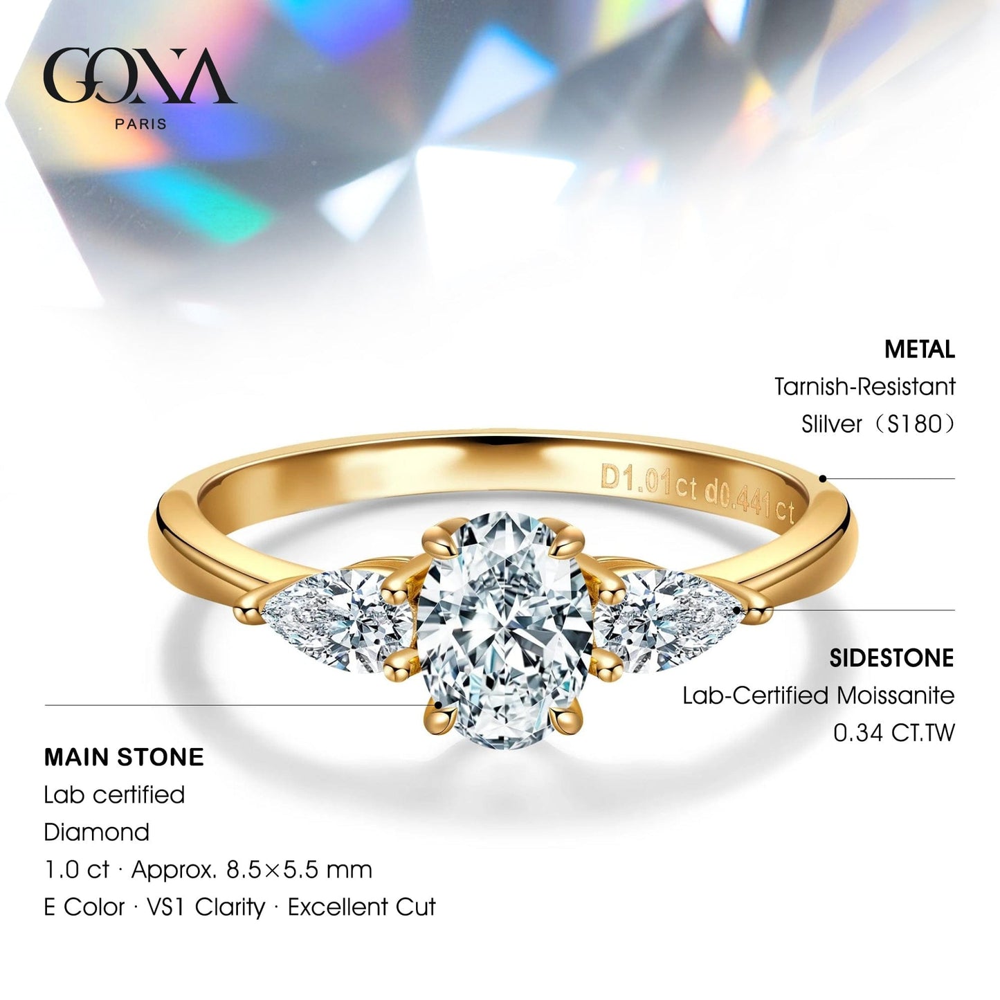 IGI Certified Lab-Grown Oval Brilliant Cut Diamond - Three Stone Classic Engagement Ring 14K Yellow Gold Plated (Includes IGI Certification from International Gemological Institute)
