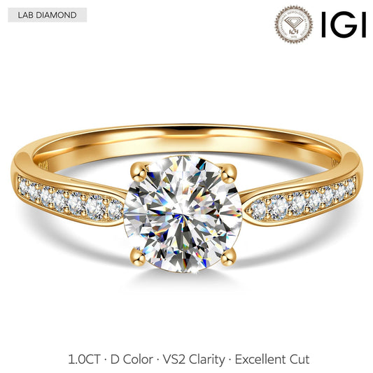 gona- IGI Certified Lab-Grown Round Brilliant Cut Diamond - Pave Classic Engagement Ring 14K Yellow Gold Plated (Includes IGI Certification from International Gemological Institute)