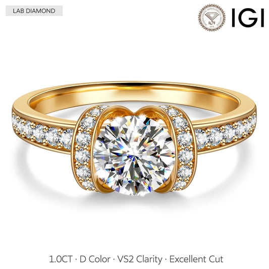 gona- IGI Certified Lab-Grown Round Brilliant Cut Diamond - Halo Classic Engagement Ring 14K Yellow Gold Plated (Includes IGI Certification from International Gemological Institute)