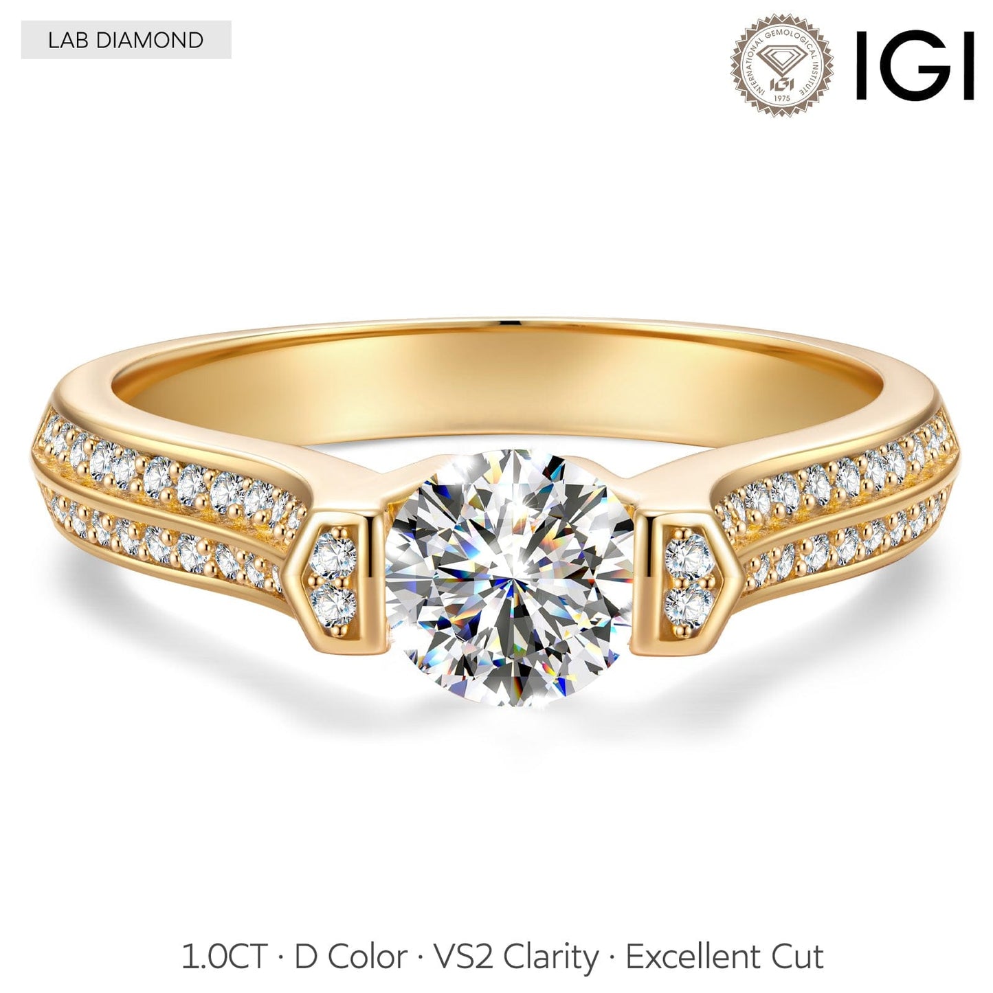 IGI Certified Lab-Grown Round Brilliant Cut Diamond - Pave Classic Engagement Ring 14K Yellow Gold Plated (Includes IGI Certification from International Gemological Institute)