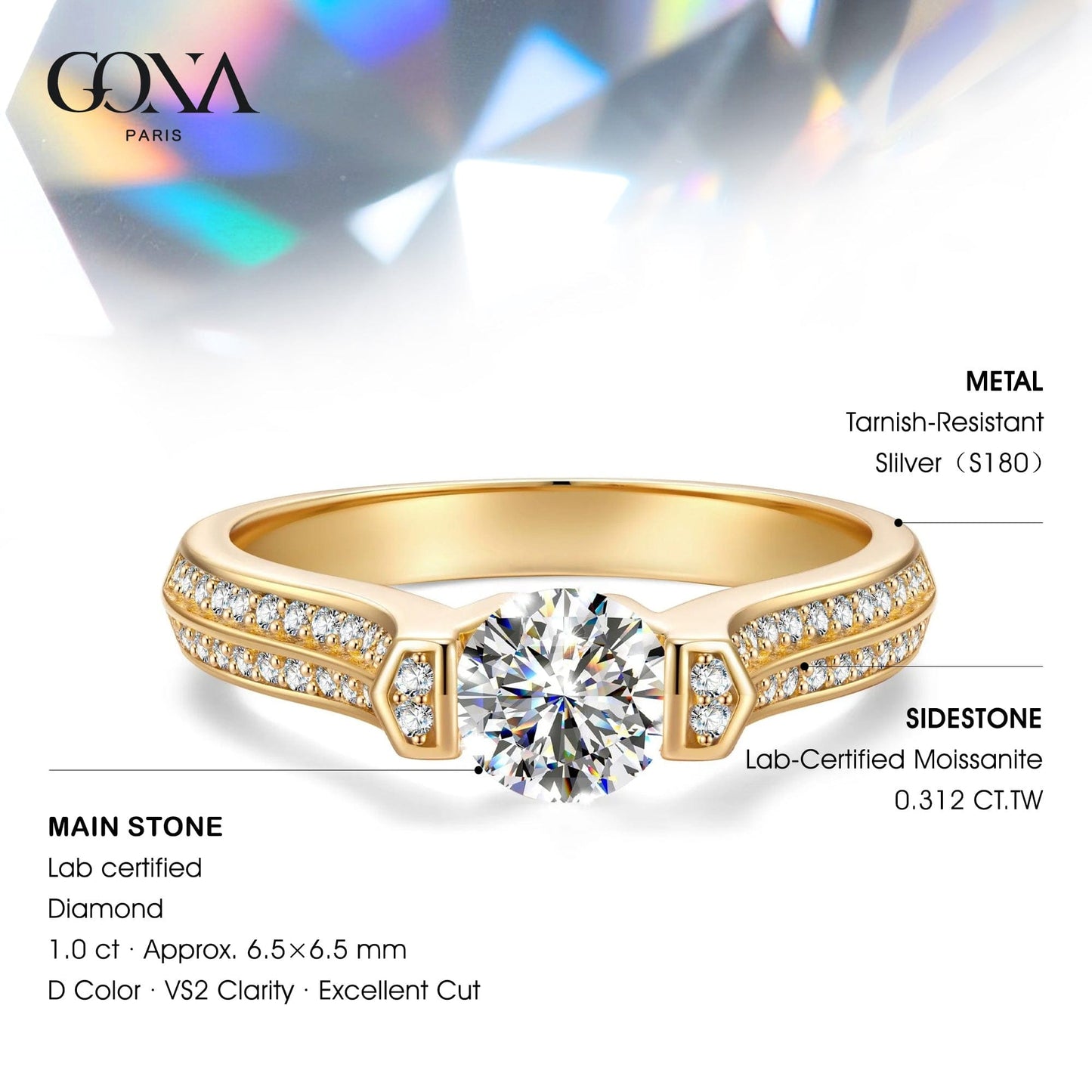 IGI Certified Lab-Grown Round Brilliant Cut Diamond - Pave Classic Engagement Ring 14K Yellow Gold Plated (Includes IGI Certification from International Gemological Institute)