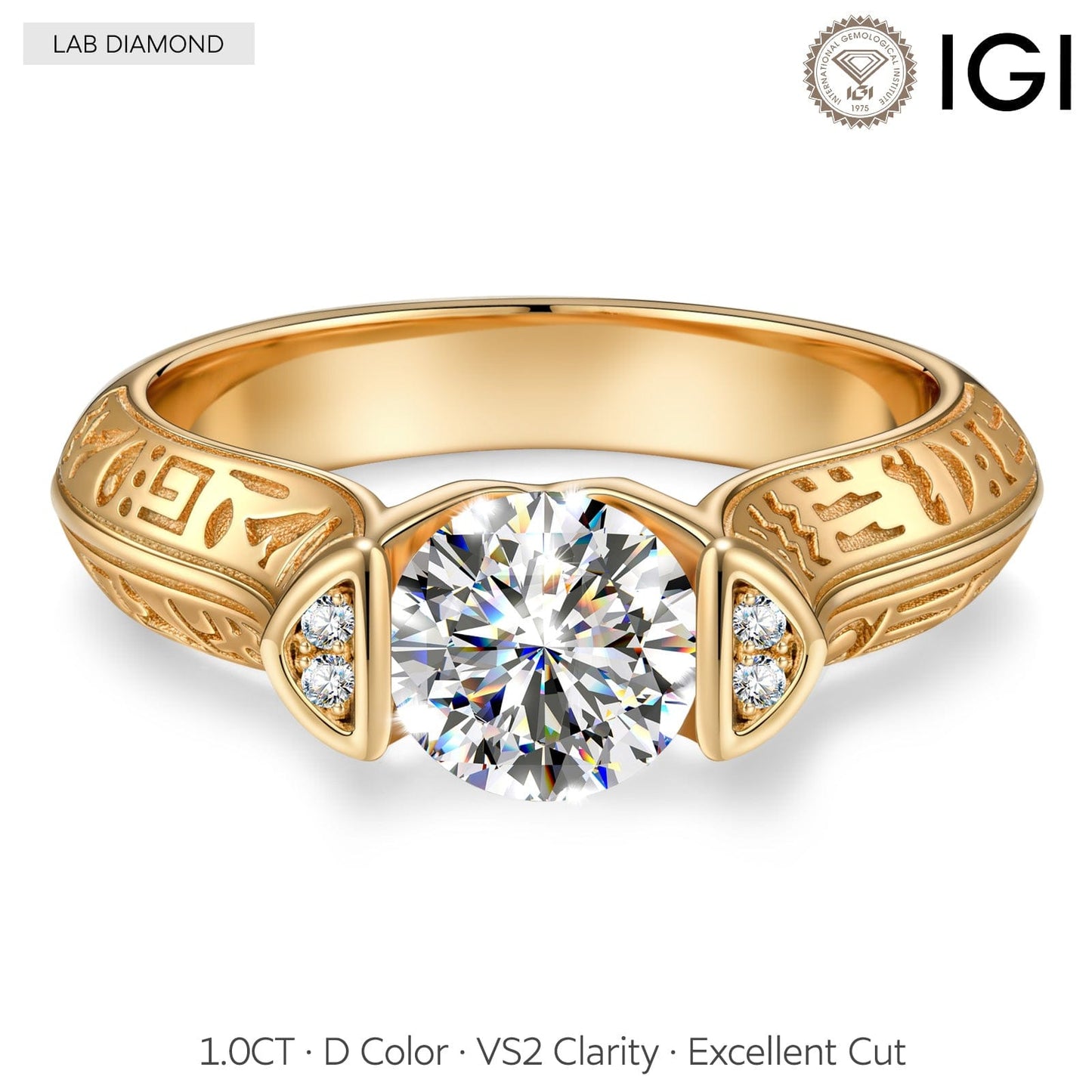 IGI Certified Lab-Grown Round Brilliant Cut Diamond - Pave Classic Engagement Ring 14K Yellow Gold Plated (Includes IGI Certification from International Gemological Institute)
