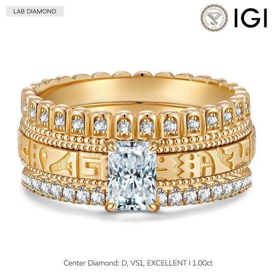 gona- IGI Certified Lab-Grown Radiant Cut Diamond - Bridal Sets Classic Engagement Ring 14K Yellow Gold Plated (Includes IGI Certification from International Gemological Institute)