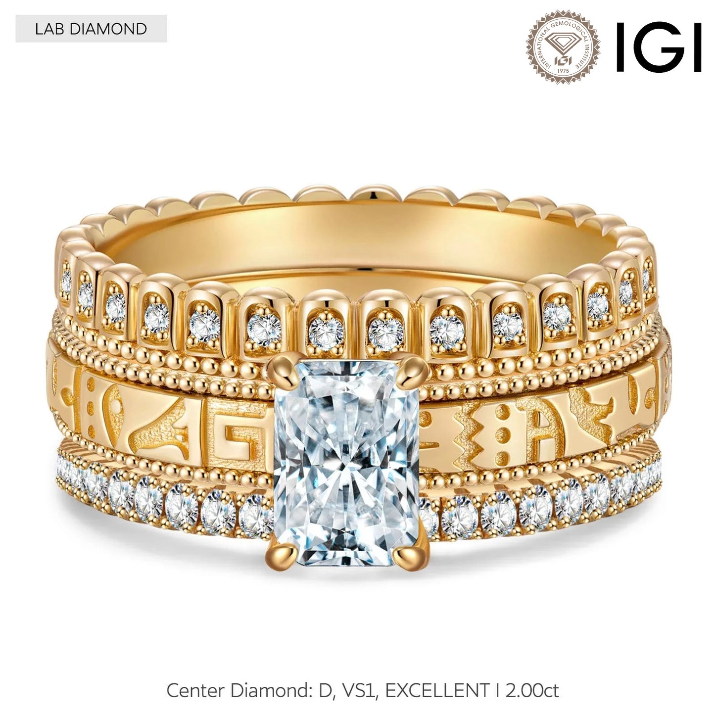 IGI Certified Lab-Grown Radiant Cut Diamond - Bridal Sets Classic Engagement Ring 14K Yellow Gold Plated (Includes IGI Certification from International Gemological Institute)