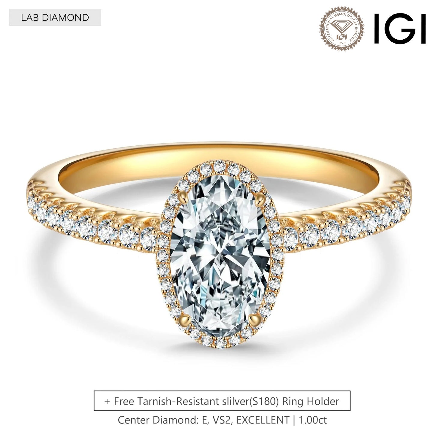 Exclusive Sale: IGI Certified Lab-Grown Oval Brilliant Cut Diamond - And Get a 14K Yellow Gold Plated Ring Holder For Free (Includes IGI Certification from International Gemological Institute)