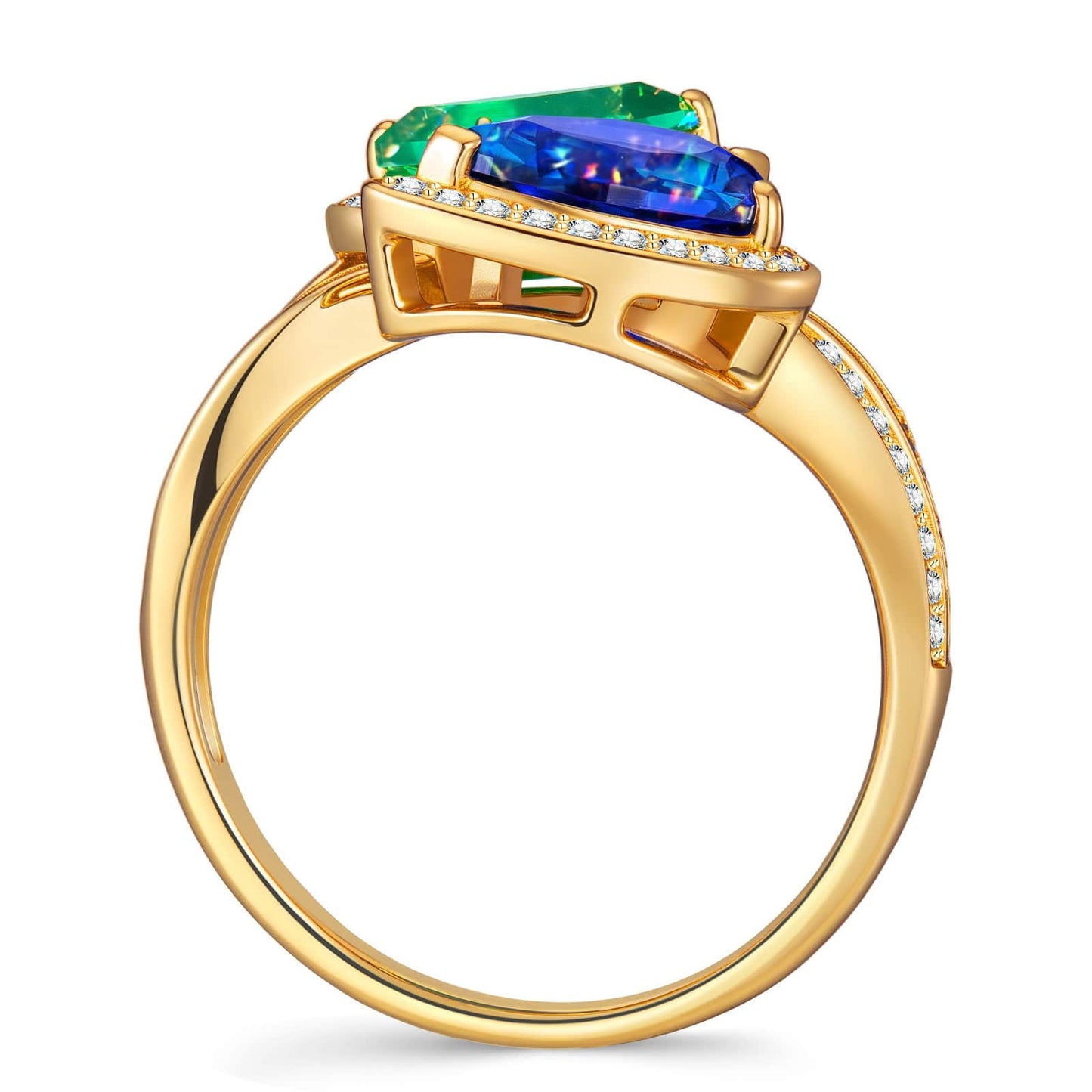 1.80 ct Lab-Grown Pear Brilliant Cut Blue Sapphire and 1.10 ct Lab-Grown Pear Brilliant Cut Emerald - Two Stone Classic Engagement Ring 14K Yellow Gold Plated (Includes GRC Certification from Gemstone Research Center)