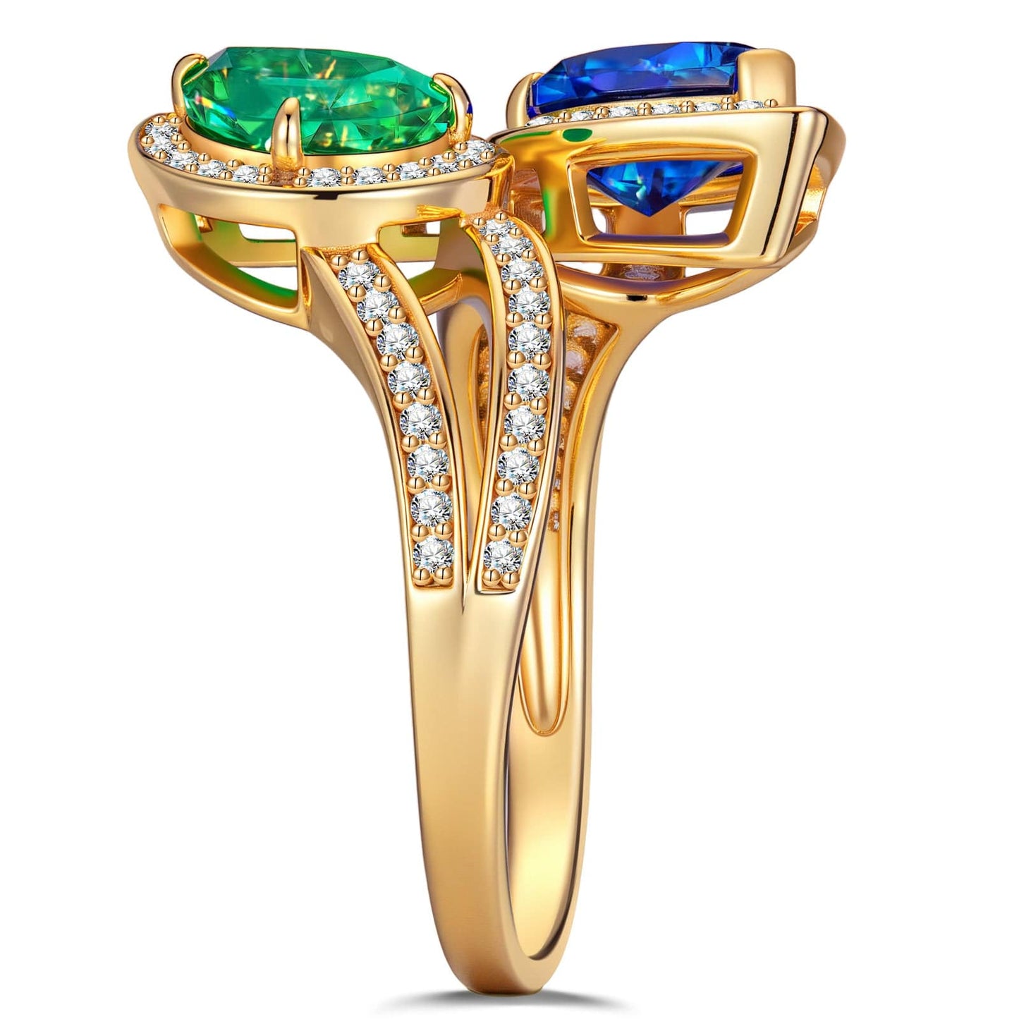 1.80 ct Lab-Grown Pear Brilliant Cut Blue Sapphire and 1.10 ct Lab-Grown Pear Brilliant Cut Emerald - Two Stone Classic Engagement Ring 14K Yellow Gold Plated (Includes GRC Certification from Gemstone Research Center)