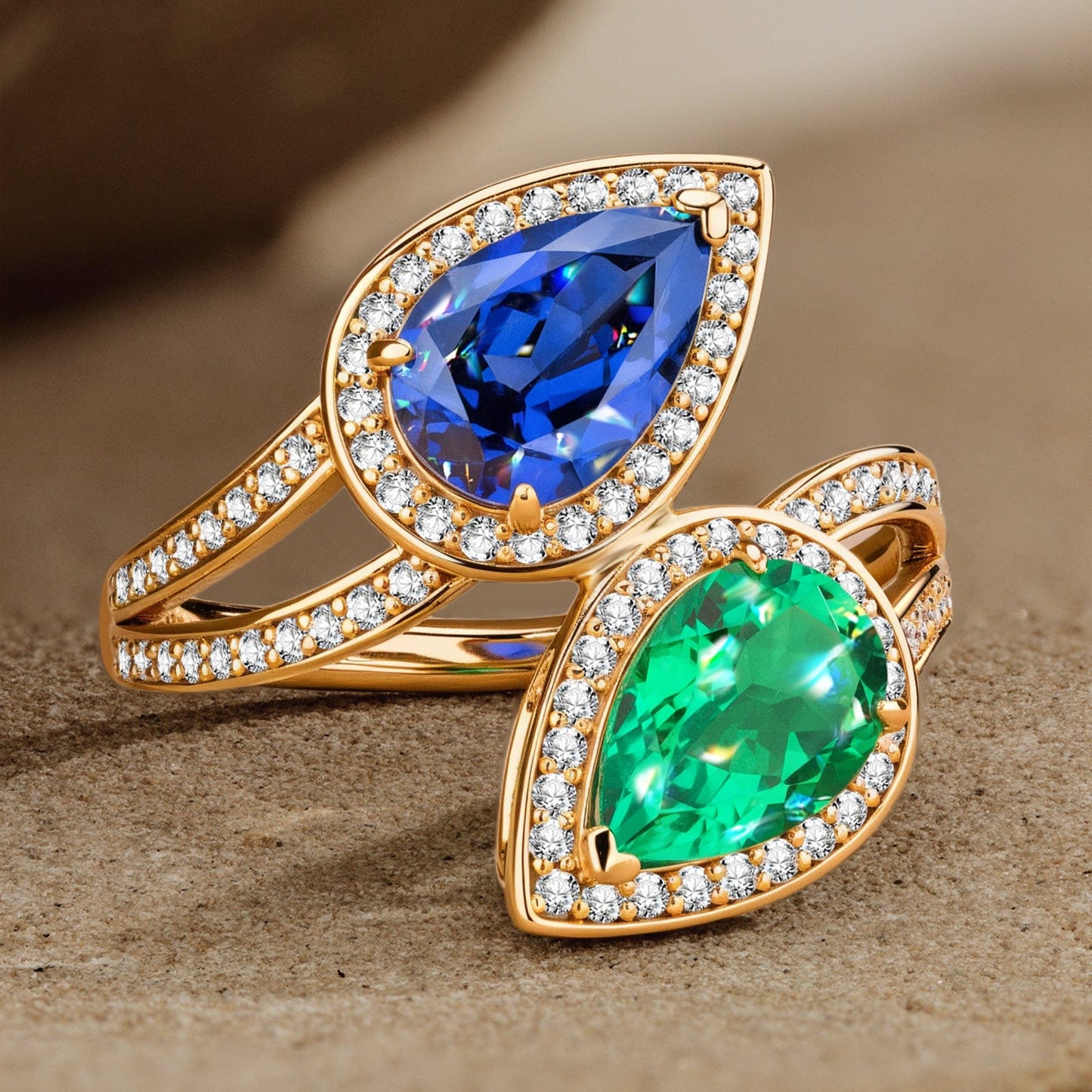 1.80 ct Lab-Grown Pear Brilliant Cut Blue Sapphire and 1.10 ct Lab-Grown Pear Brilliant Cut Emerald - Two Stone Classic Engagement Ring 14K Yellow Gold Plated (Includes GRC Certification from Gemstone Research Center)