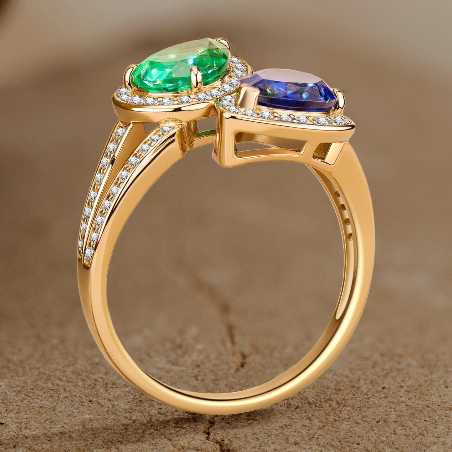 1.80 ct Lab-Grown Pear Brilliant Cut Blue Sapphire and 1.10 ct Lab-Grown Pear Brilliant Cut Emerald - Two Stone Classic Engagement Ring 14K Yellow Gold Plated (Includes GRC Certification from Gemstone Research Center)