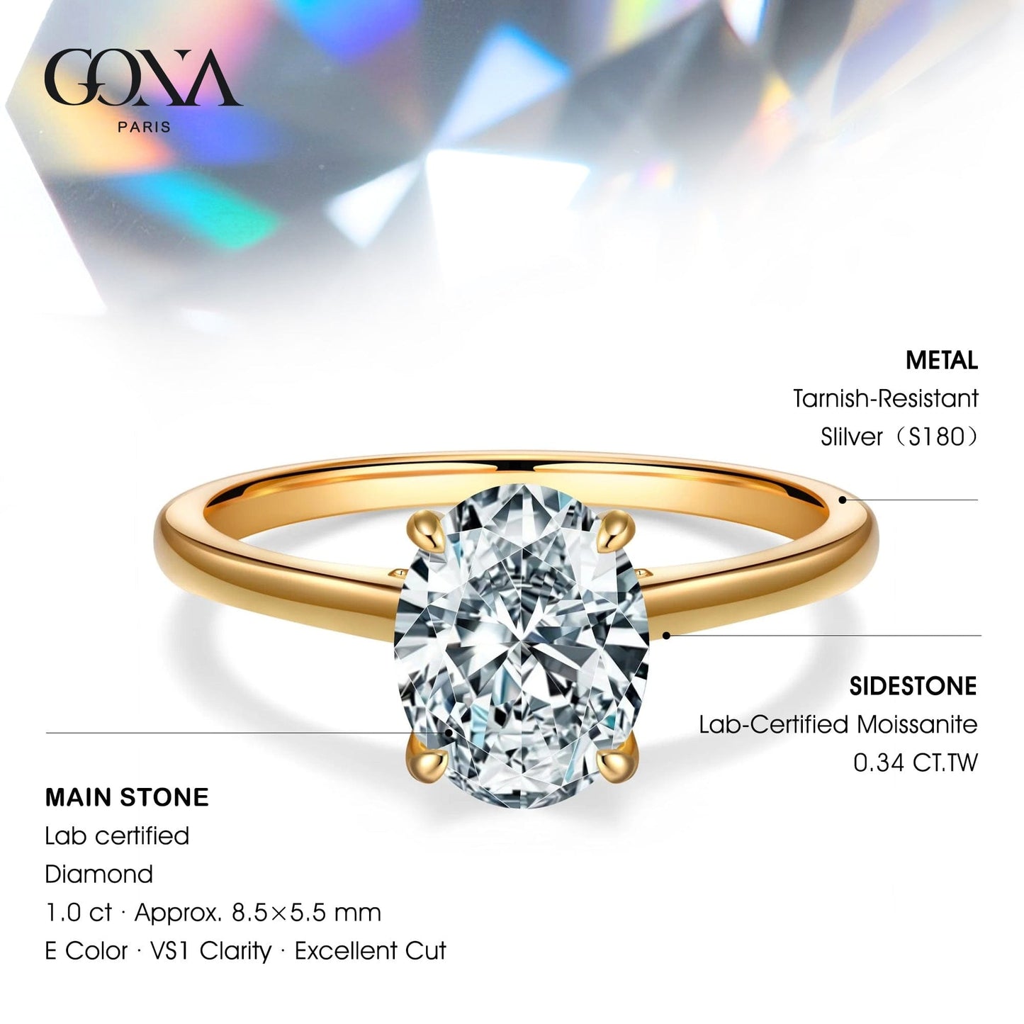 IGI Certified Lab-Grown Oval Brilliant Cut Diamond - Hidden Halo Classic Engagement Ring 14K Yellow Gold Plated (Includes IGI Certification from International Gemological Institute)