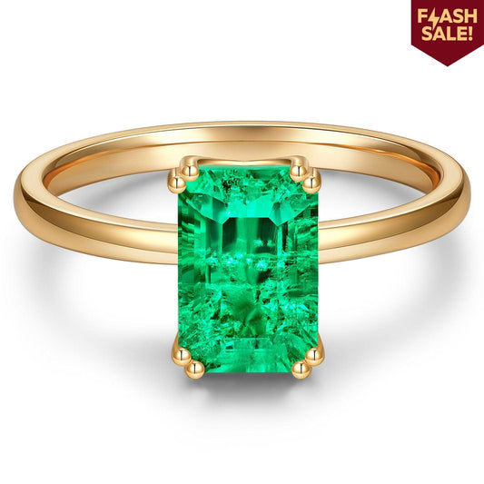 gona- Emerald-Cut Vivid Colombian Green Lab-Certified Emerald - Solitaire Classic Engagement Ring 14K Yellow Gold Plated (Includes GRC Certification from Gemstone Research Center)