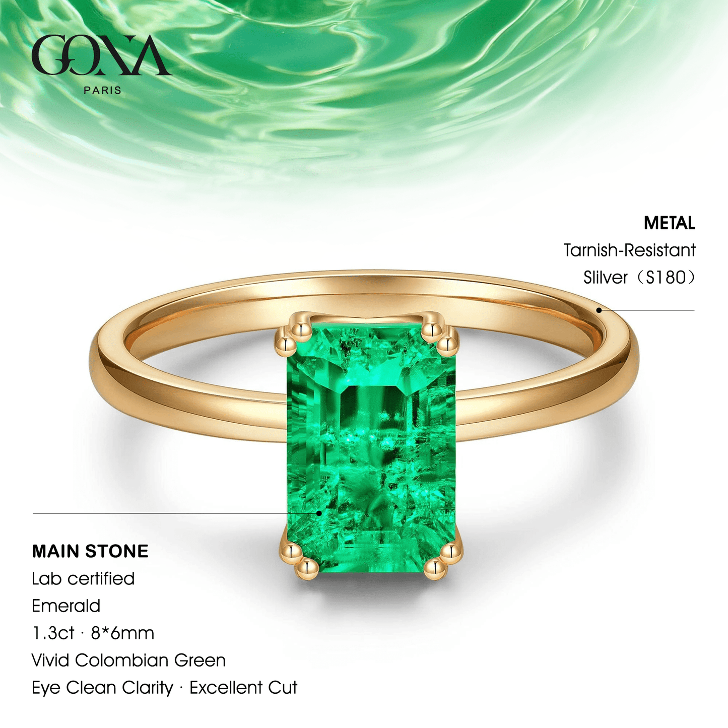 Emerald-Cut Vivid Colombian Green Lab-Certified Emerald - Solitaire Classic Engagement Ring 14K Yellow Gold Plated (Includes GRC Certification from Gemstone Research Center)