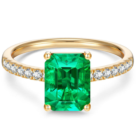 gona- Emerald-Cut Vivid Colombian Green Lab-Certified Emerald - Pave Classic Engagement Ring 14K Yellow Gold Plated (Includes GRC Certification from Gemstone Research Center)