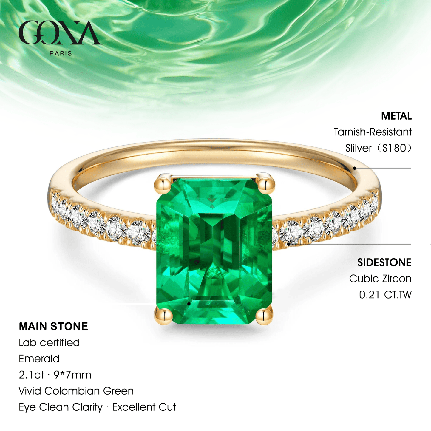 Emerald-Cut Vivid Colombian Green Lab-Certified Emerald - Pave Classic Engagement Ring 14K Yellow Gold Plated (Includes GRC Certification from Gemstone Research Center)