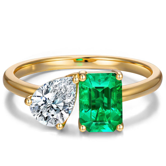 gona- Emerald-Cut Vivid Colombian Green Lab-Certified Emerald and Lab-Certified Pear Brilliant Cut Moissanite - Two Stone Classic Engagement Ring 14K Yellow Gold Plated (Includes GRC Certification from Gemstone Research Center)