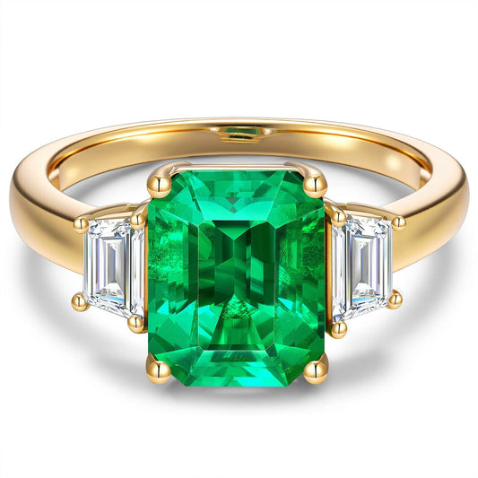 gona- Emerald-Cut Vivid Colombian Green Lab-Certified Emerald - Three Stone Classic Engagement Ring 14K Yellow Gold Plated (Includes GRC Certification from Gemstone Research Center)