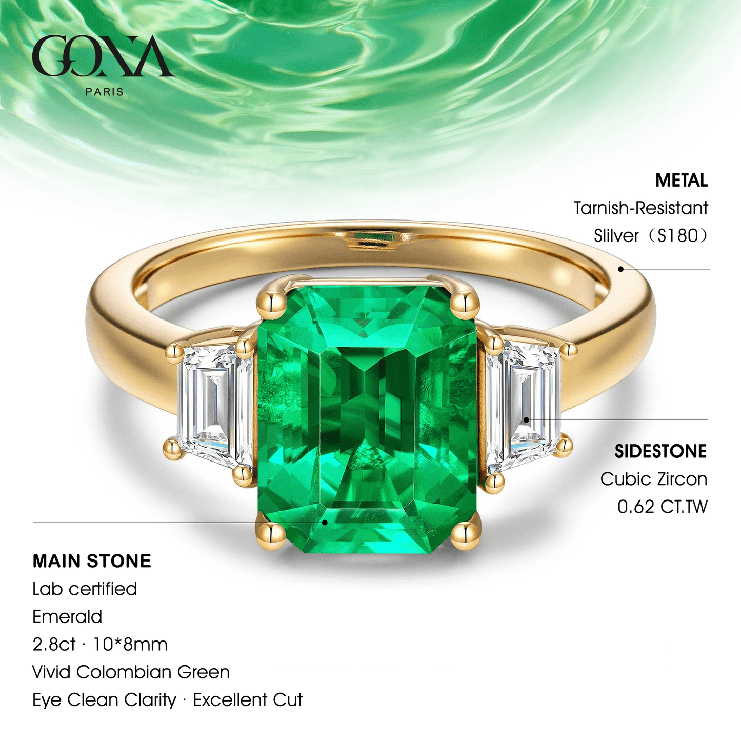 Emerald-Cut Vivid Colombian Green Lab-Certified Emerald - Three Stone Classic Engagement Ring 14K Yellow Gold Plated (Includes GRC Certification from Gemstone Research Center)