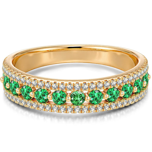 gona- Round Brilliant Cut Vivid Colombian Green Lab-Certified Emerald - Half Eternity Ring 14K Yellow Gold Plated (Includes GRC Certification from Gemstone Research Center)