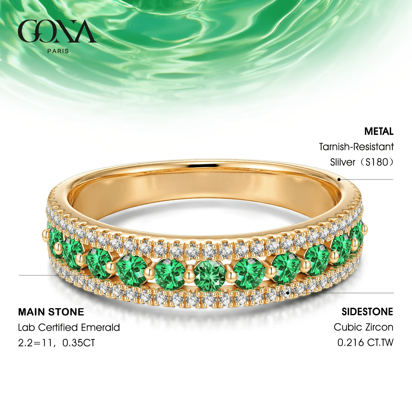 Round Brilliant Cut Vivid Colombian Green Lab-Certified Emerald - Half Eternity Ring 14K Yellow Gold Plated (Includes GRC Certification from Gemstone Research Center)