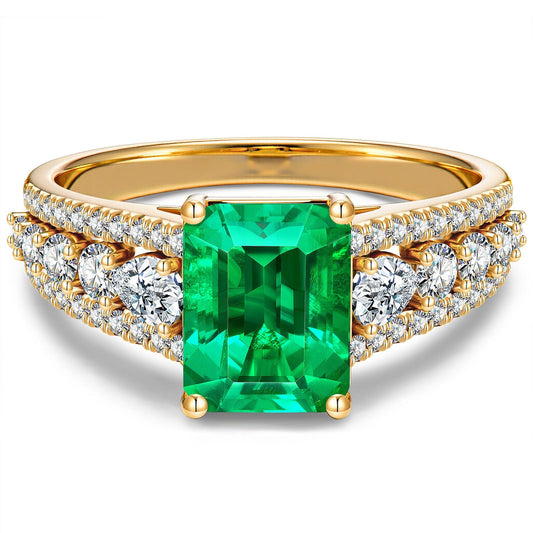 gona- Emerald-Cut Vivid Colombian Green Lab-Certified Emerald - Pave Classic Engagement Ring 14K Yellow Gold Plated (Includes GRC Certification from Gemstone Research Center)