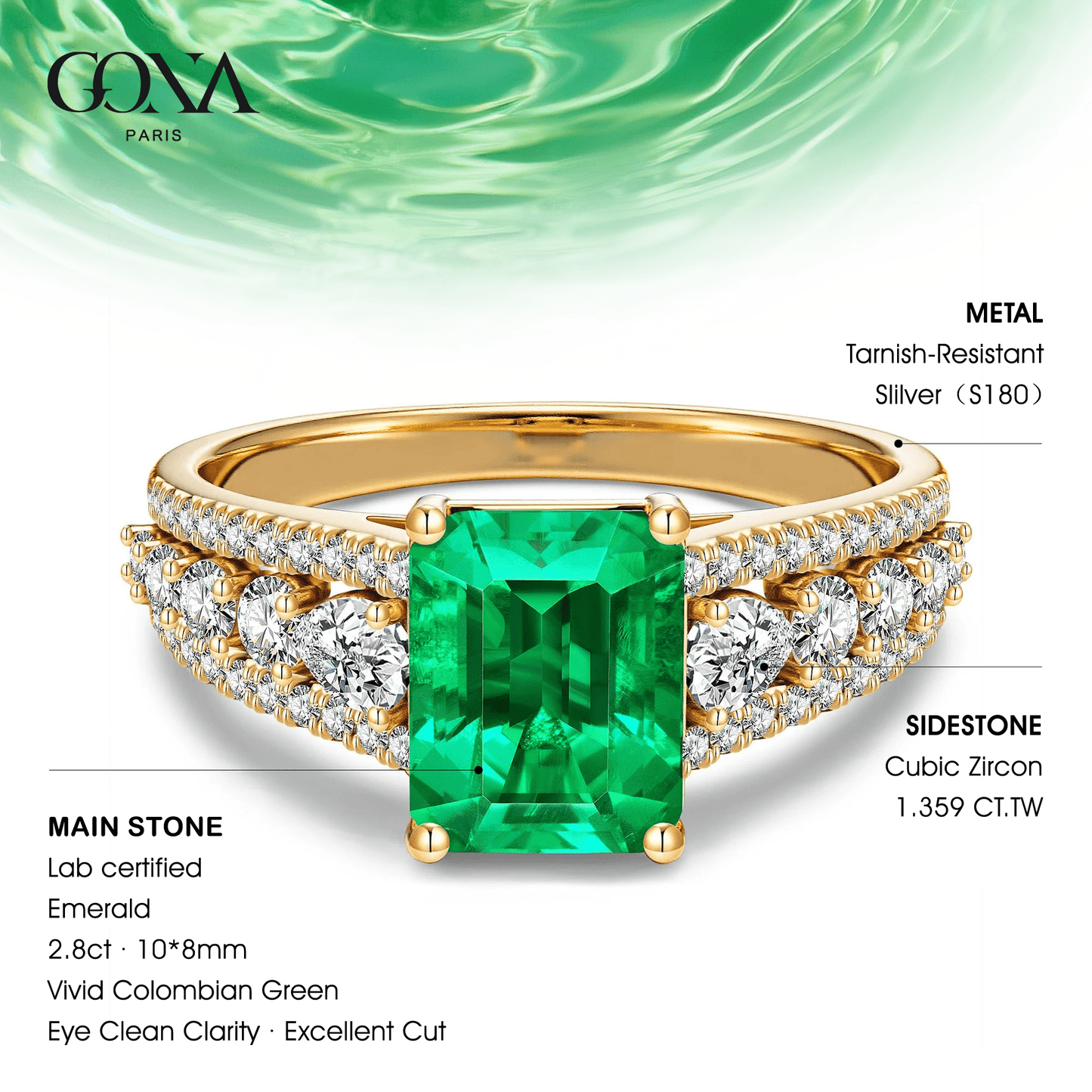 Emerald-Cut Vivid Colombian Green Lab-Certified Emerald - Pave Classic Engagement Ring 14K Yellow Gold Plated (Includes GRC Certification from Gemstone Research Center)