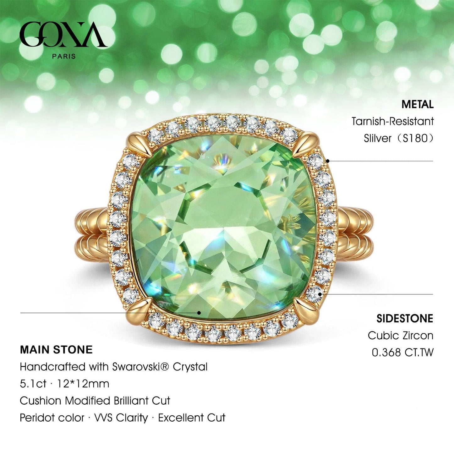 Created With Swarovski® Crystals - Cushion Modified Brilliant Cut Peridot Color Halo Classic Engagement Ring 14K Yellow Gold Plated