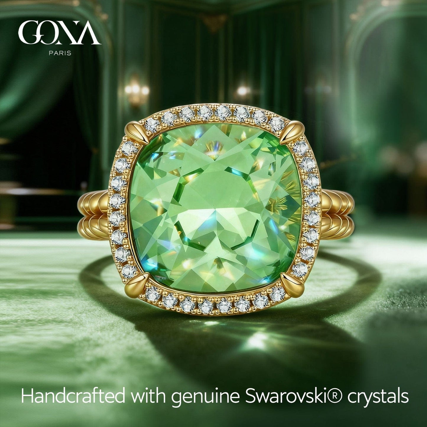 Created With Swarovski® Crystals - Cushion Modified Brilliant Cut Peridot Color Halo Classic Engagement Ring 14K Yellow Gold Plated