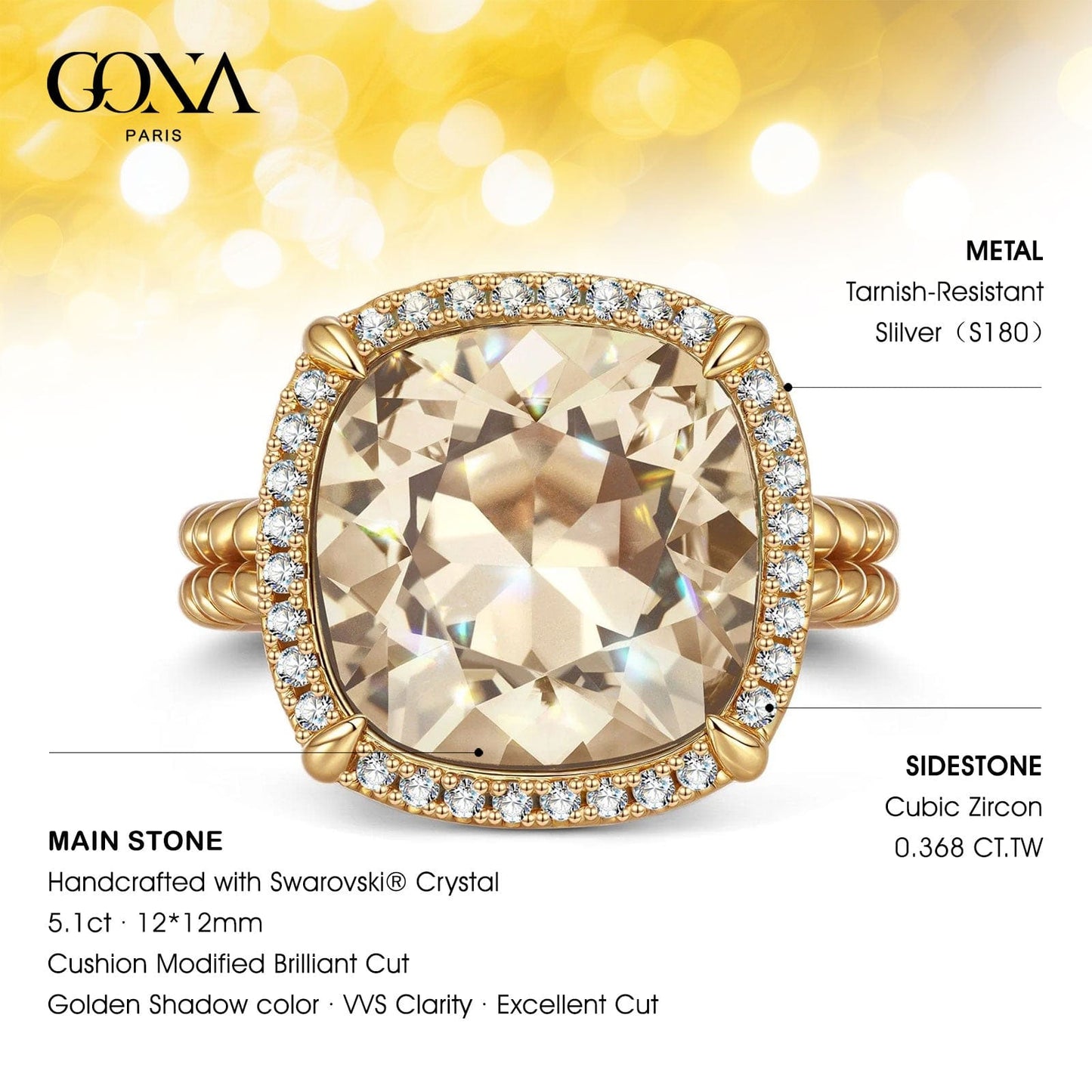 Created With Swarovski® Crystals - Cushion Modified Brilliant Cut Golden Shadow Color Halo Classic Engagement Ring 14K Yellow Gold Plated