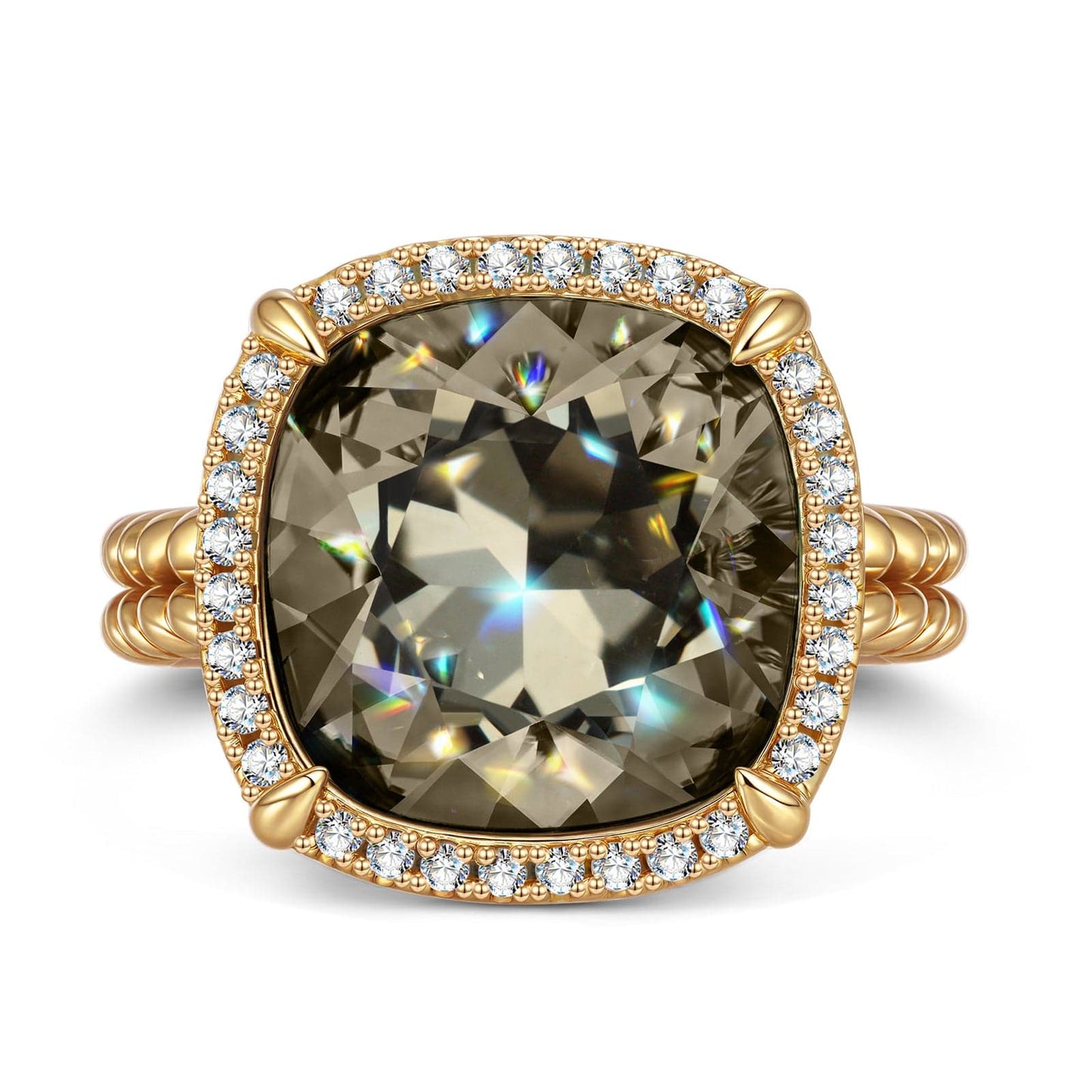 Created With Swarovski® Crystals - Cushion Modified Brilliant Cut Black Diamond Color Halo Classic Engagement Ring 14K Yellow Gold Plated