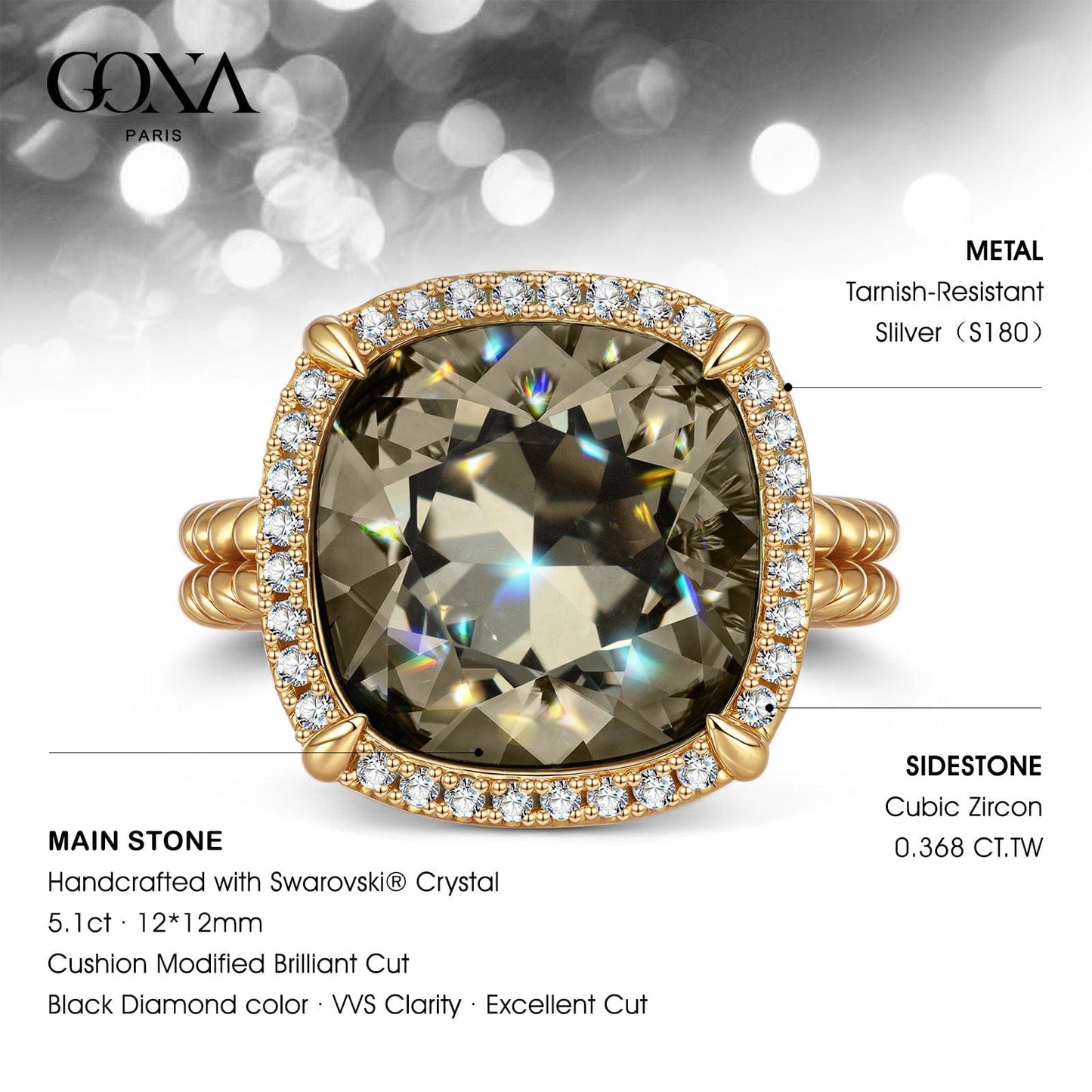 Created With Swarovski® Crystals - Cushion Modified Brilliant Cut Black Diamond Color Halo Classic Engagement Ring 14K Yellow Gold Plated