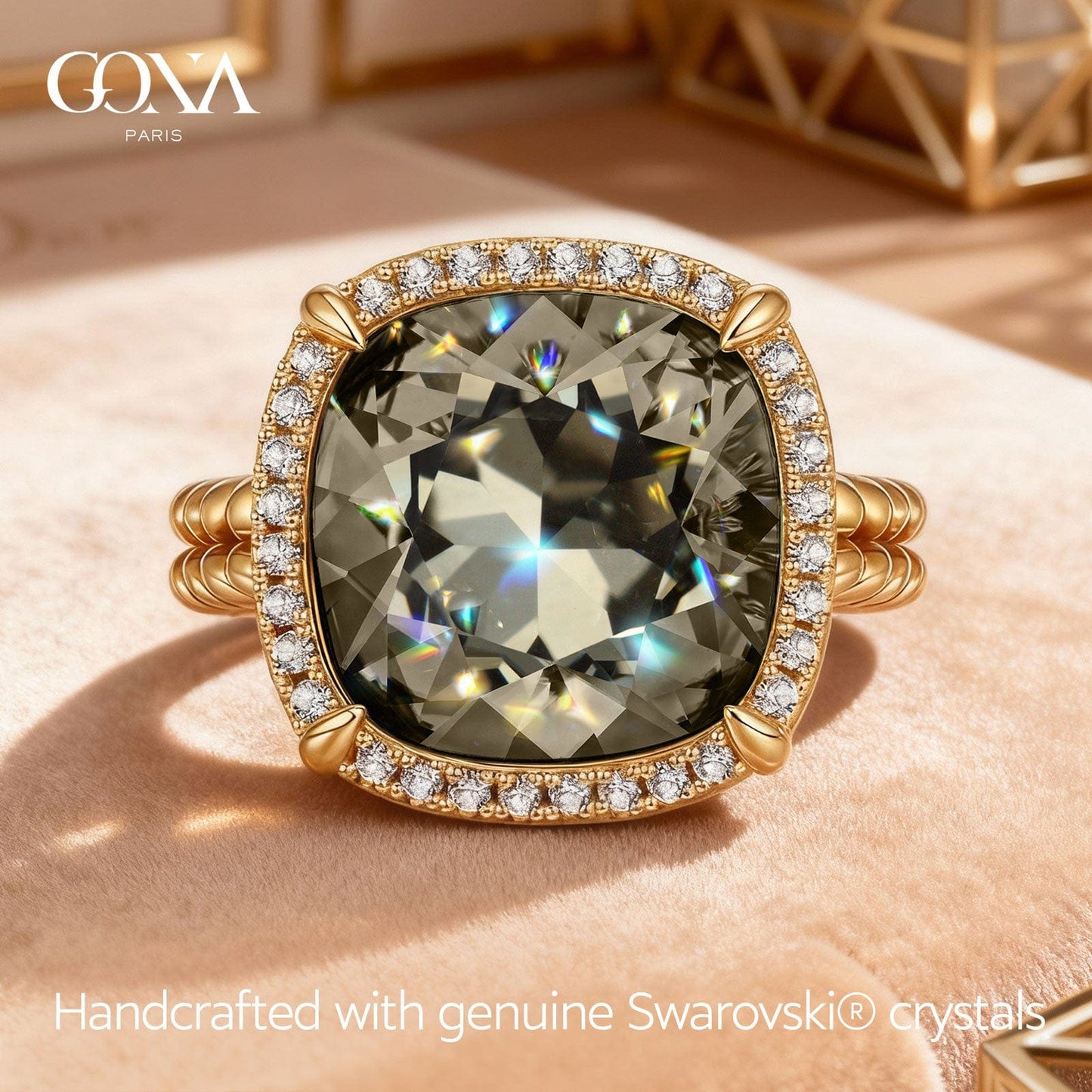 Created With Swarovski® Crystals - Cushion Modified Brilliant Cut Black Diamond Color Halo Classic Engagement Ring 14K Yellow Gold Plated